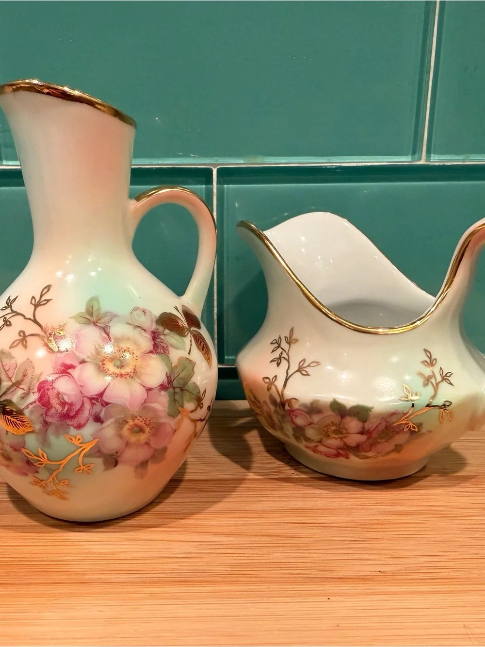 Vintage Bavaria Floral Porcelain Creamer and Pitcher Set in White with Gold Trim
